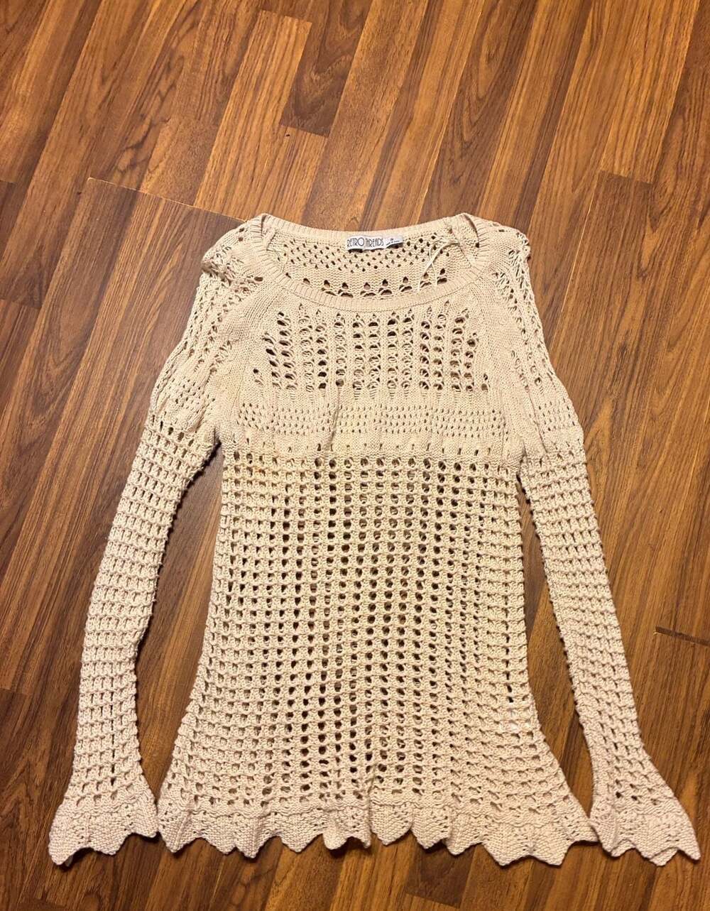 Retro Threads Beige Crochet Long Sleeve Open Knit Top